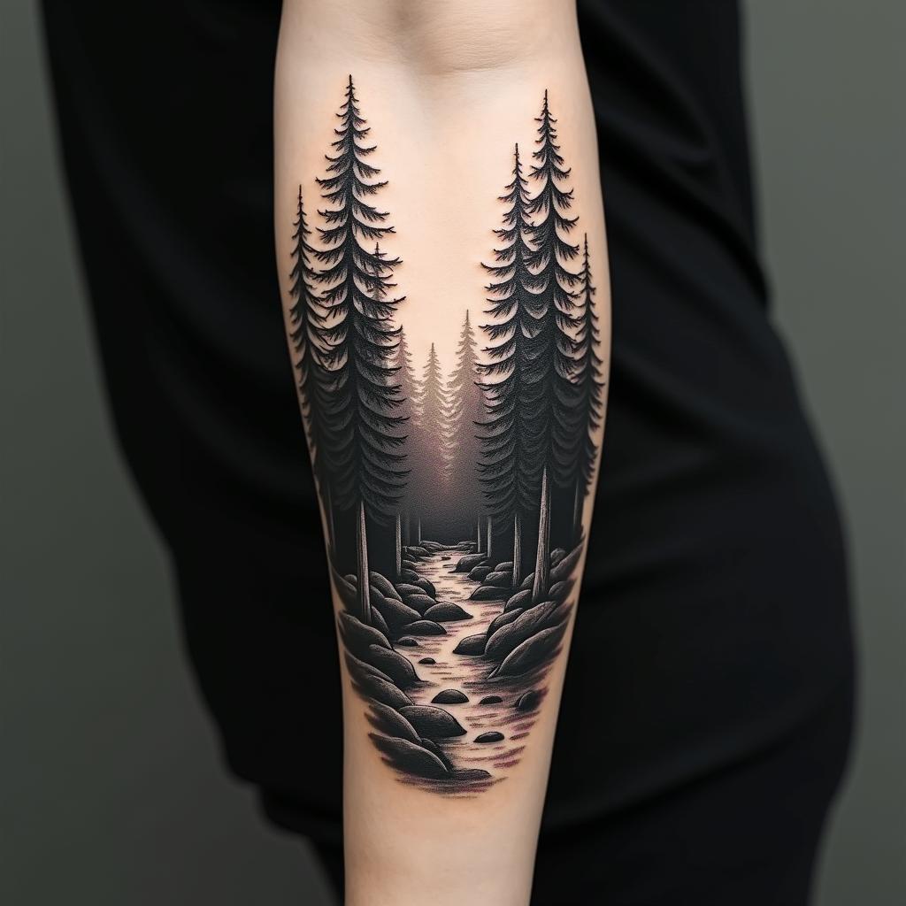 Pine tree forest with streamin realism tattoo style, featuring a highly detailed, lifelike, capturing every detail, photorealistic, ultra realistic, intricate shading, smooth and sharp, - Variation 2