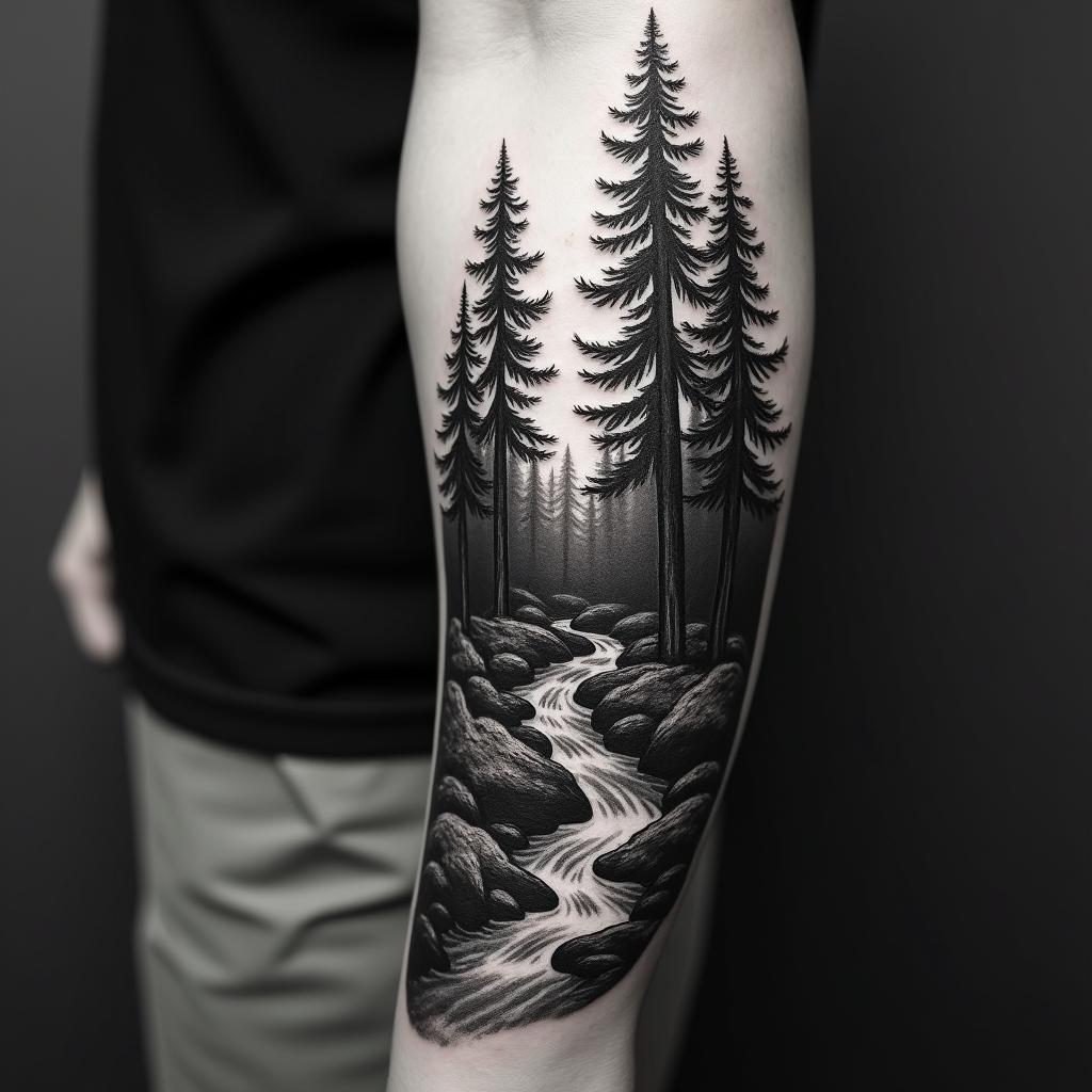 Pine tree forest with streamin realism tattoo style, featuring a highly detailed, lifelike, capturing every detail, photorealistic, ultra realistic, intricate shading, smooth and sharp, - Variation 4