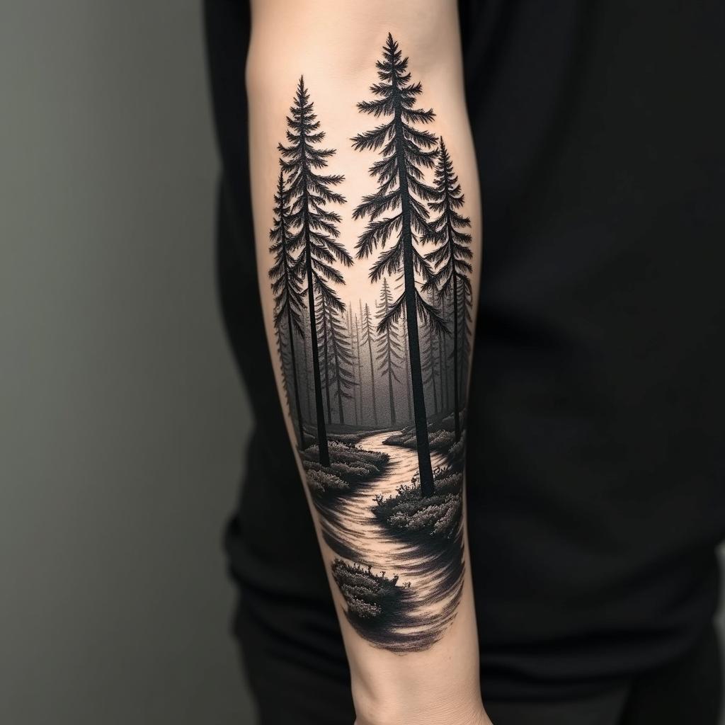 Pine tree forest with streamin realism tattoo style, featuring a highly detailed, lifelike, capturing every detail, photorealistic, ultra realistic, intricate shading, smooth and sharp, - Variation 1