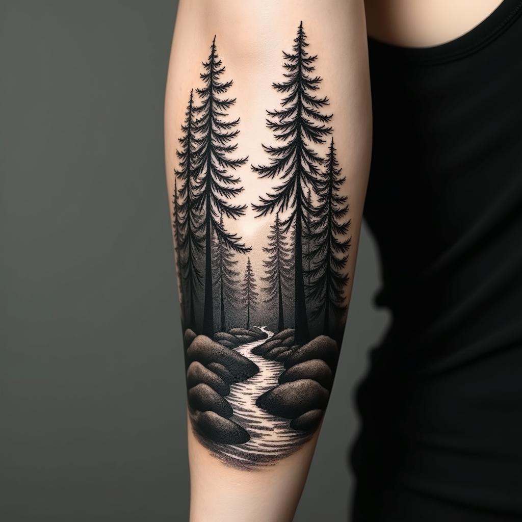 Pine tree forest with streamin realism tattoo style, featuring a highly detailed, lifelike, capturing every detail, photorealistic, ultra realistic, intricate shading, smooth and sharp, - Variation 3