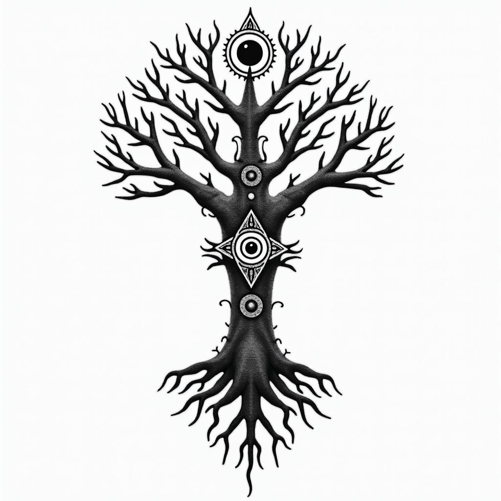 Tree of life with roots and branchesin spiritual symbols tattoo style, featuring an intricate design incorporating elements, Hamsa hand, third eye, minimalist composition - Variation 4