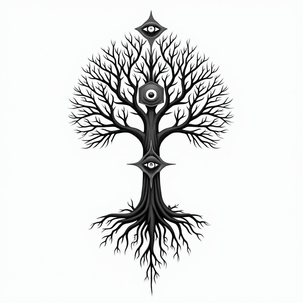 Tree of life with roots and branchesin spiritual symbols tattoo style, featuring an intricate design incorporating elements, Hamsa hand, third eye, minimalist composition - Variation 6