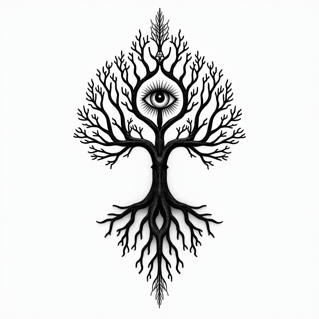Tree of life with roots and branchesin spiritual symbols tattoo style, featuring an intricate design incorporating elements, Hamsa hand, third eye, minimalist composition - Variation 3