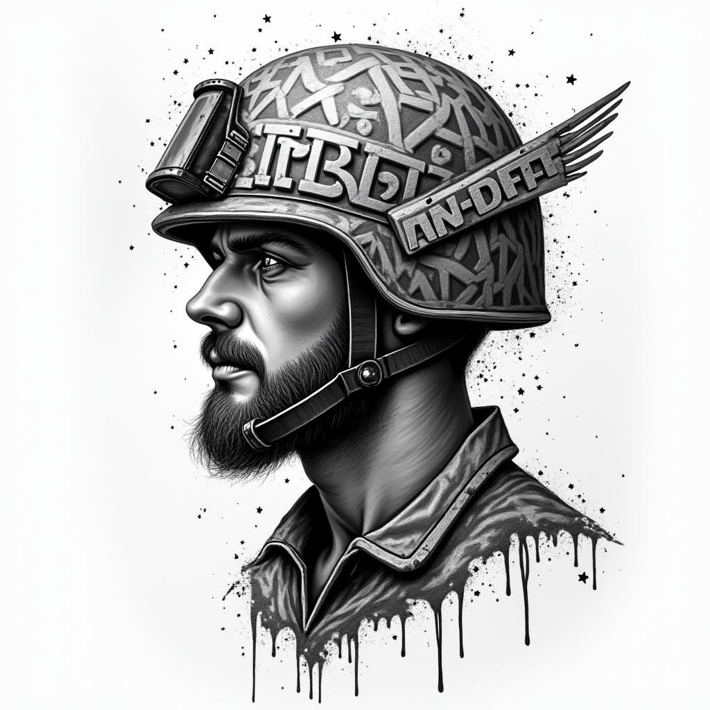 American Soldier, PTSD, Aquarius, Depression, Anxietyin graffiti style tattoo, featuring bold and dynamic street art elements, spray-paint texture with exaggerated lines and expressive, chaotic brushstrokes, intricate lettering incorporated with graffiti tags, symbols like hearts, stars, and wings - Variation 4