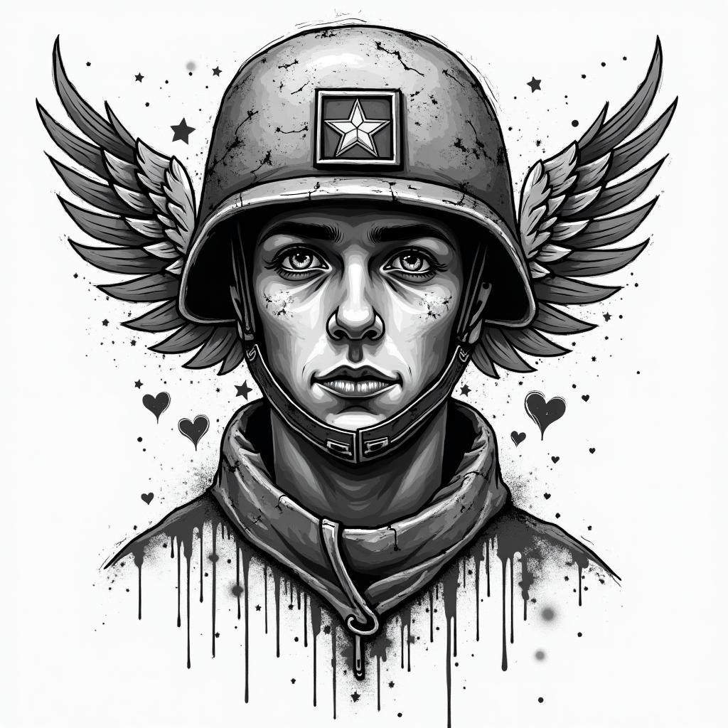 American Soldier, PTSD, Aquarius, Depression, Anxietyin graffiti style tattoo, featuring bold and dynamic street art elements, spray-paint texture with exaggerated lines and expressive, chaotic brushstrokes, intricate lettering incorporated with graffiti tags, symbols like hearts, stars, and wings - Variation 2