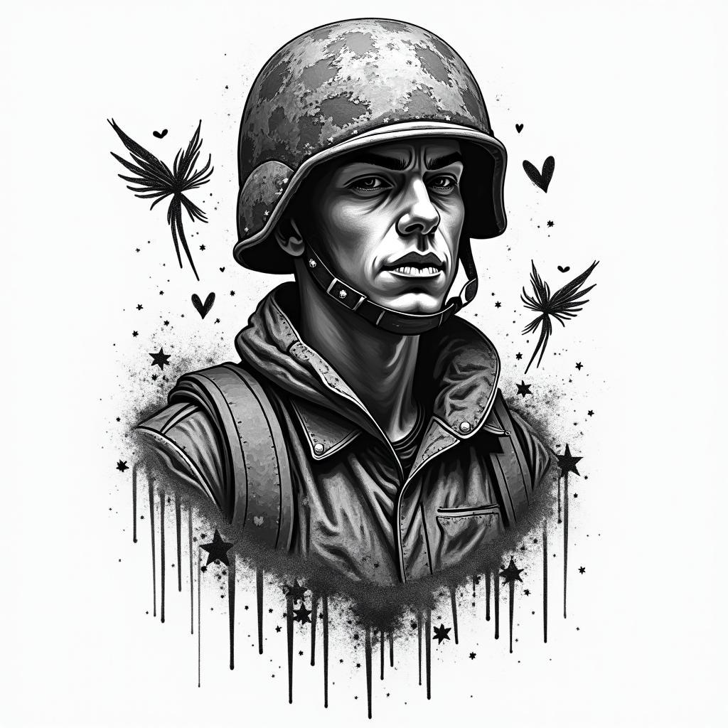 American Soldier, PTSD, Aquarius, Depression, Anxietyin graffiti style tattoo, featuring bold and dynamic street art elements, spray-paint texture with exaggerated lines and expressive, chaotic brushstrokes, intricate lettering incorporated with graffiti tags, symbols like hearts, stars, and wings