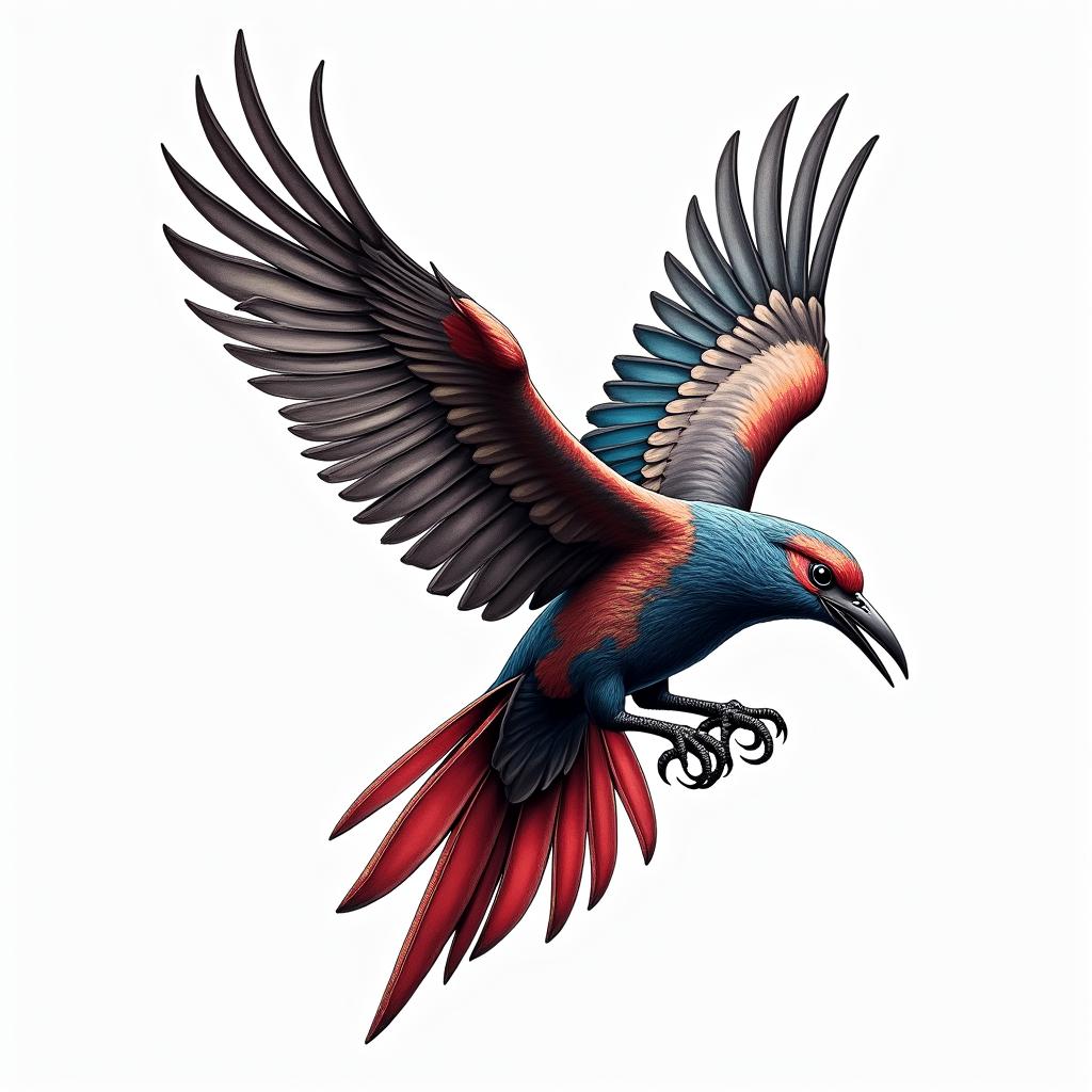 A tattoo design featuring the Cuban flag intertwined with the national bird, the Cuban Trogon, symbolizing Cuban heritage and identity. The design showcases vibrant colors of the flag, with the bird elegantly perched or flying, blending traditional and modern tattoo styles.higly detailed tattoo - Variation 3
