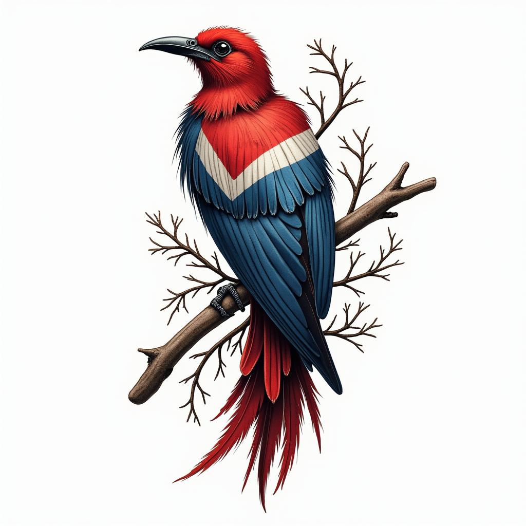 A tattoo design featuring the Cuban flag intertwined with the national bird, the Cuban Trogon, symbolizing Cuban heritage and identity. The design showcases vibrant colors of the flag, with the bird elegantly perched or flying, blending traditional and modern tattoo styles.higly detailed tattoo - Variation 2