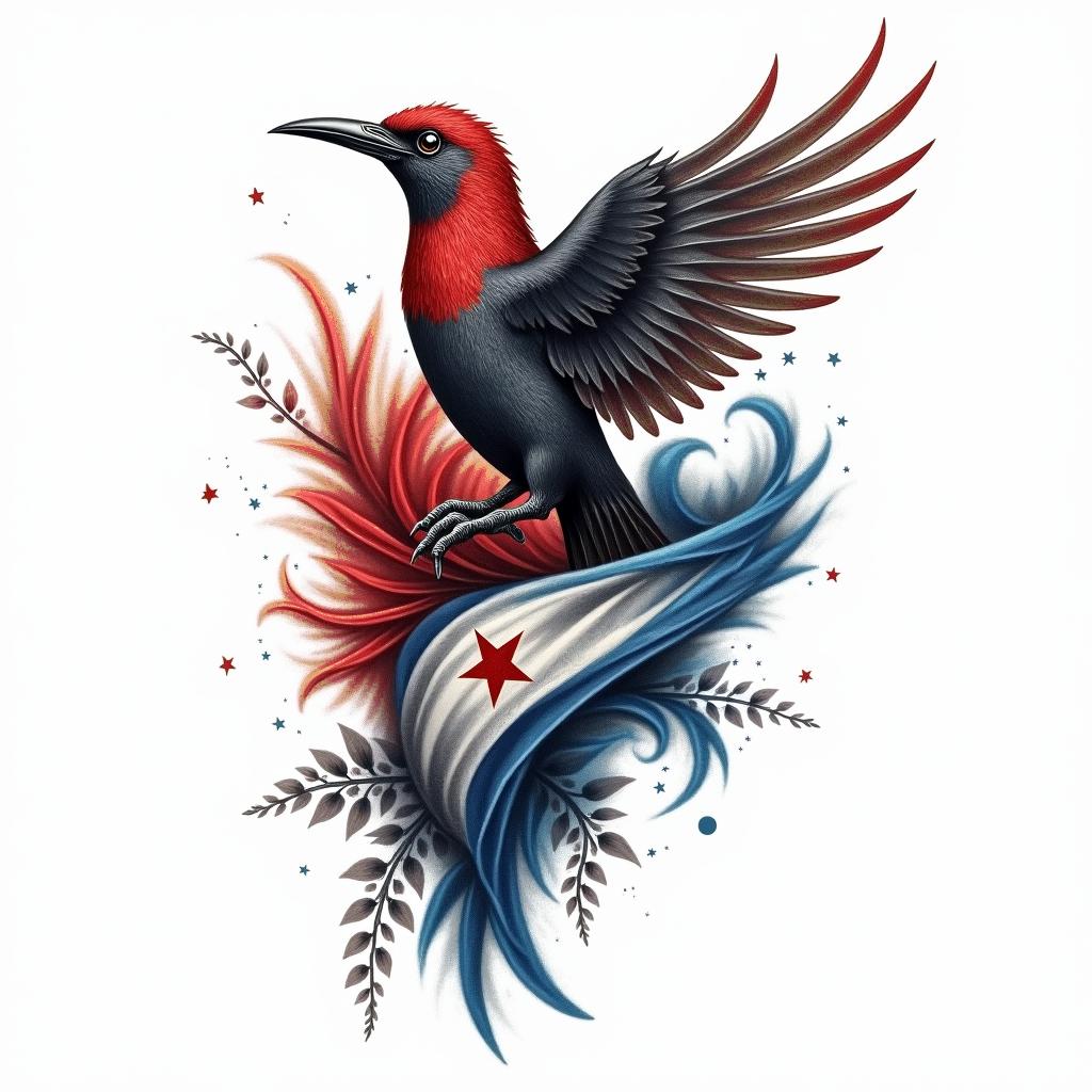 A tattoo design featuring the Cuban flag intertwined with the national bird, the Cuban Trogon, symbolizing Cuban heritage and identity. The design showcases vibrant colors of the flag, with the bird elegantly perched or flying, blending traditional and modern tattoo styles.higly detailed tattoo - Variation 4