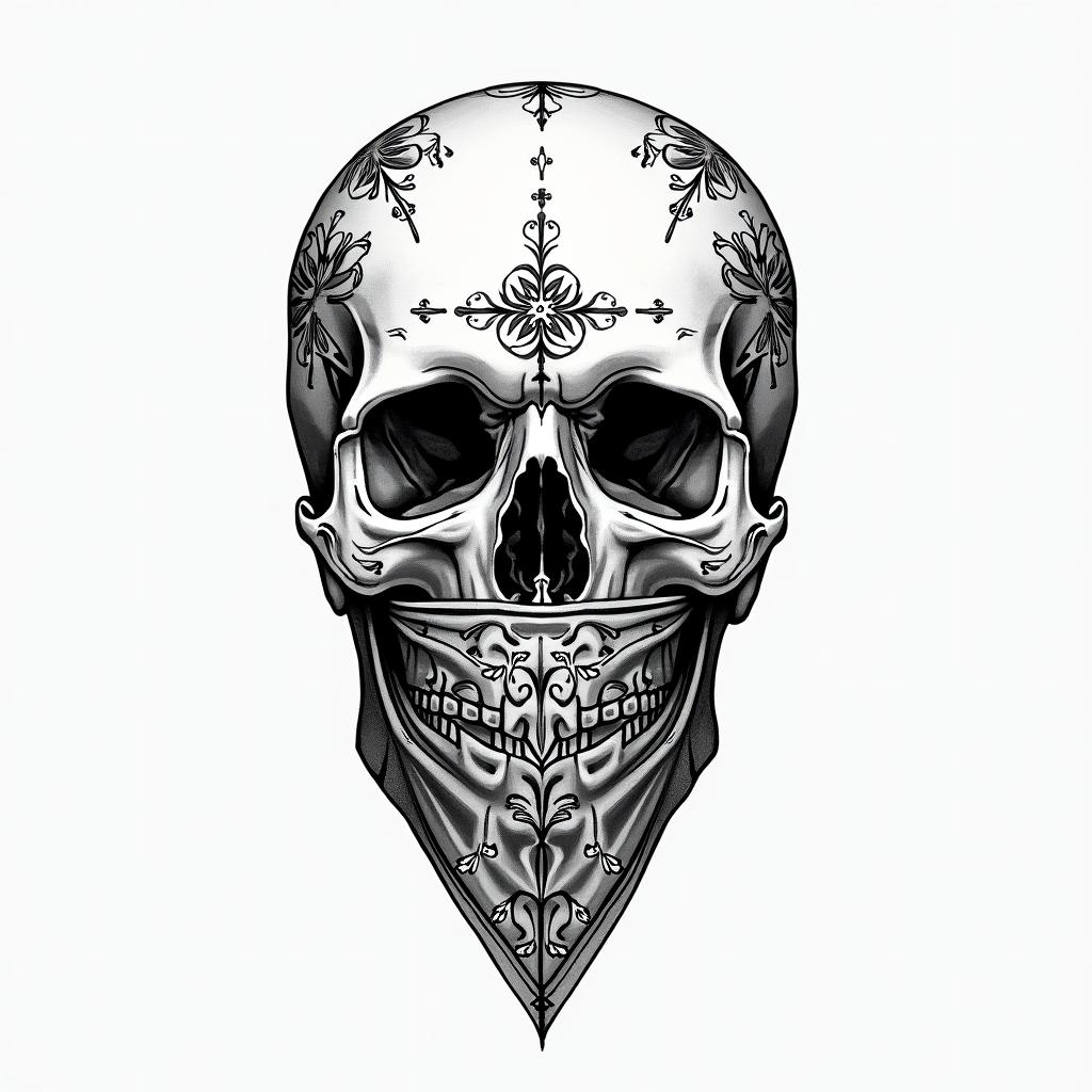 Skull with bandana over mouthin ornamental tattoo style, featuring intricate symmetrical patterns and floral designs, showcasing highly detailed line work and geometric shapes, creating a sense of elegance and balance - Variation 3
