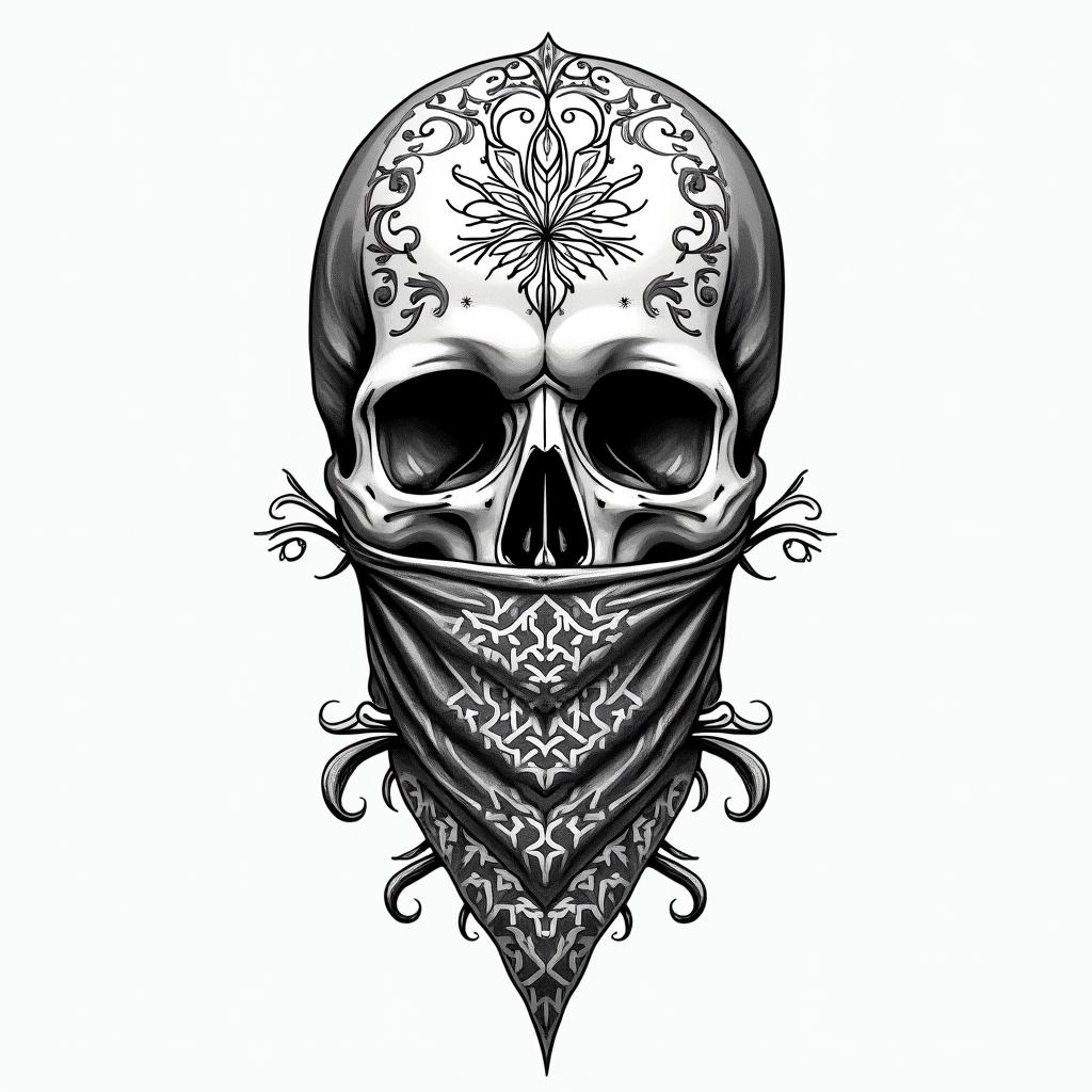Skull with bandana over mouthin ornamental tattoo style, featuring intricate symmetrical patterns and floral designs, showcasing highly detailed line work and geometric shapes, creating a sense of elegance and balance - Variation 4