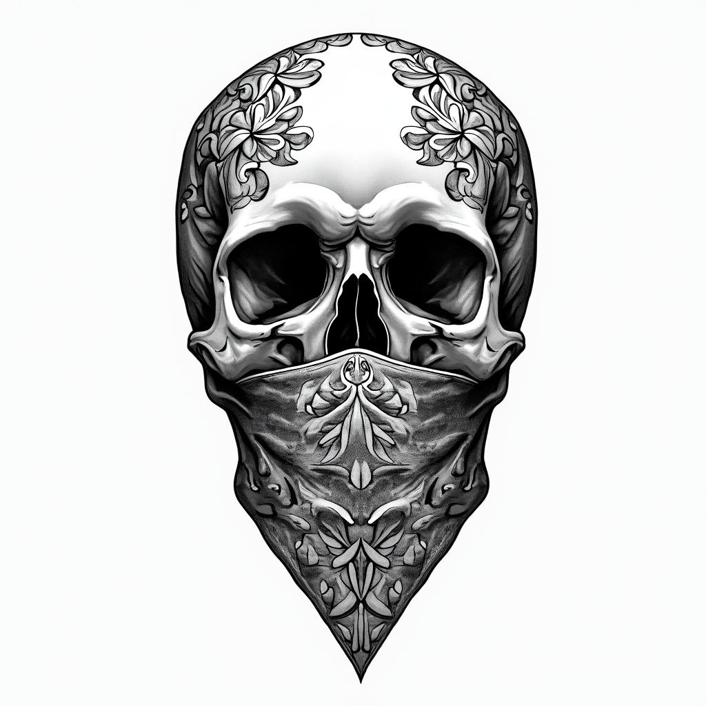 Skull with bandana over mouthin ornamental tattoo style, featuring intricate symmetrical patterns and floral designs, showcasing highly detailed line work and geometric shapes, creating a sense of elegance and balance - Variation 2