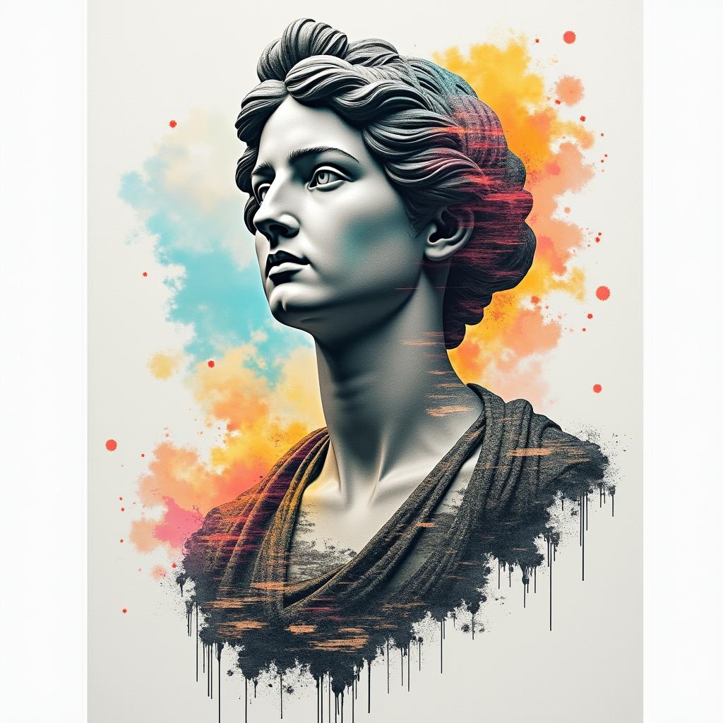 Collage A road with clouds halfway and a rain bow bright at the end. On the stormy side garbage along with drugs alcohol trash tears lottery tickets and at the end a car collision family brought back together pot of gold or moneyin distorted and fragmented tattoo design, featuring a classical statue bust, in a glitch art style with vibrant, overlapping colors of cyan, magenta, and yellow, creating a digital distortion effect - Variation 3