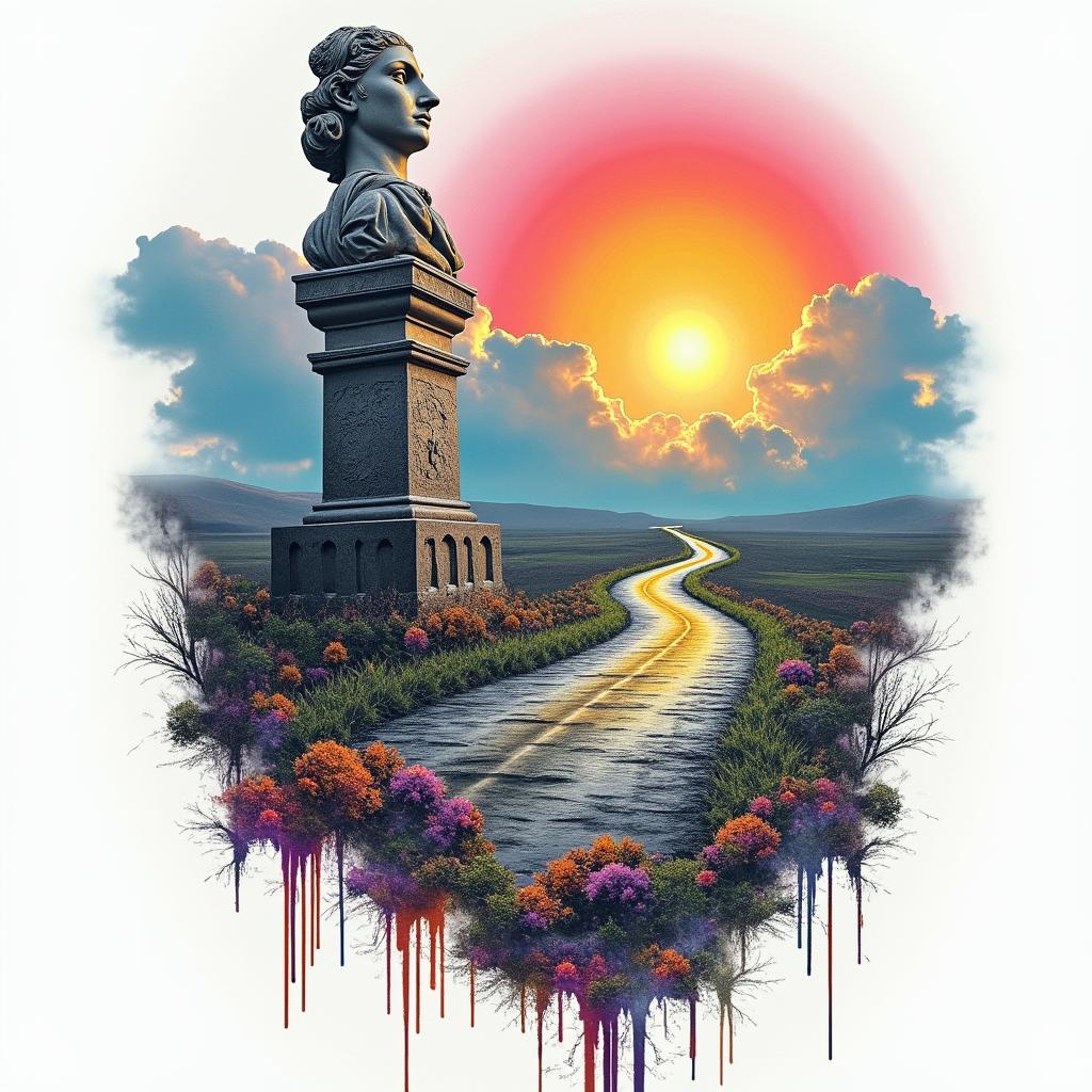 Collage A road with clouds halfway and a rain bow bright at the end. On the stormy side garbage along with drugs alcohol trash tears lottery tickets and at the end a car collision family brought back together pot of gold or moneyin distorted and fragmented tattoo design, featuring a classical statue bust, in a glitch art style with vibrant, overlapping colors of cyan, magenta, and yellow, creating a digital distortion effect - Variation 4