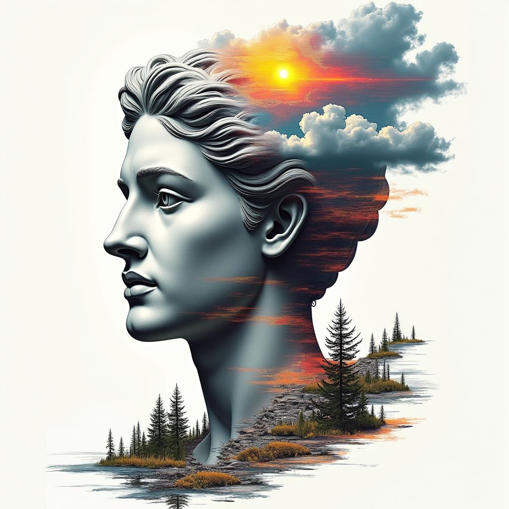 Collage A road with clouds halfway and a rain bow bright at the end. On the stormy side garbage along with drugs alcohol trash tears lottery tickets and at the end a car collision family brought back together pot of gold or moneyin distorted and fragmented tattoo design, featuring a classical statue bust, in a glitch art style with vibrant, overlapping colors of cyan, magenta, and yellow, creating a digital distortion effect