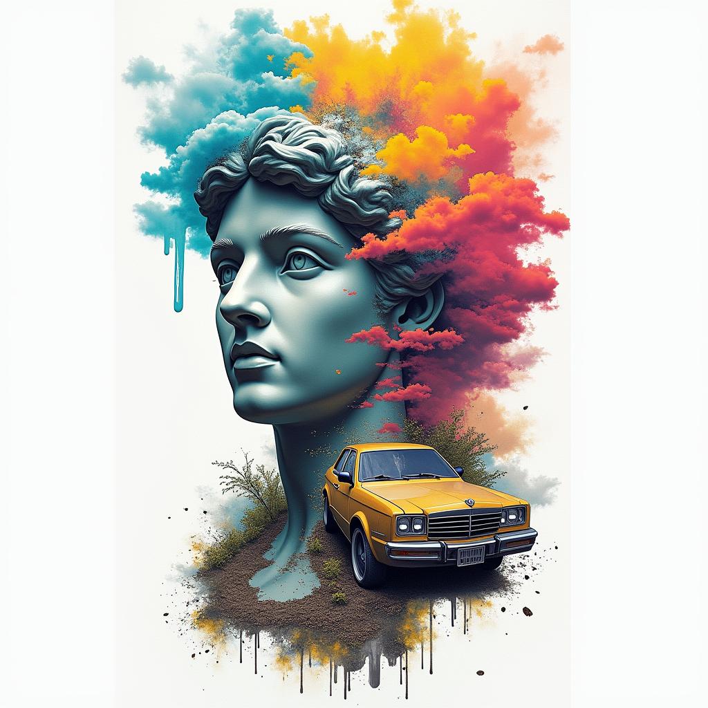 Collage A road with clouds halfway and a rain bow bright at the end. On the stormy side garbage along with drugs alcohol trash tears lottery tickets and at the end a car collision family brought back together pot of gold or moneyin distorted and fragmented tattoo design, featuring a classical statue bust, in a glitch art style with vibrant, overlapping colors of cyan, magenta, and yellow, creating a digital distortion effect - Variation 2