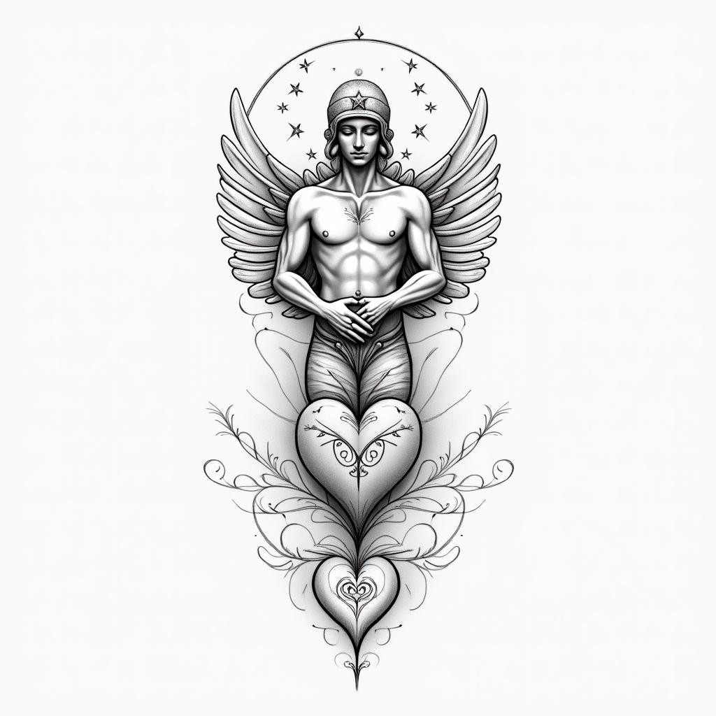 American Soldier, PTSD, Aquarius, Depression, Anxietyin Modest style tattoo, featuring soft, delicate line work with simple and meaningful symbols, gentle waves, a heart, evoking a sense of serenity and grace, - Variation 12