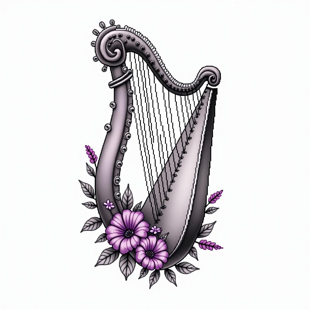 Delicate Harp with violet flowersin 8-bit tattoo style, minimalistic pixel style tattoo, pixel art with simplified shapes and retro gaming visuals, inspired by 8-bit pixel based detailing