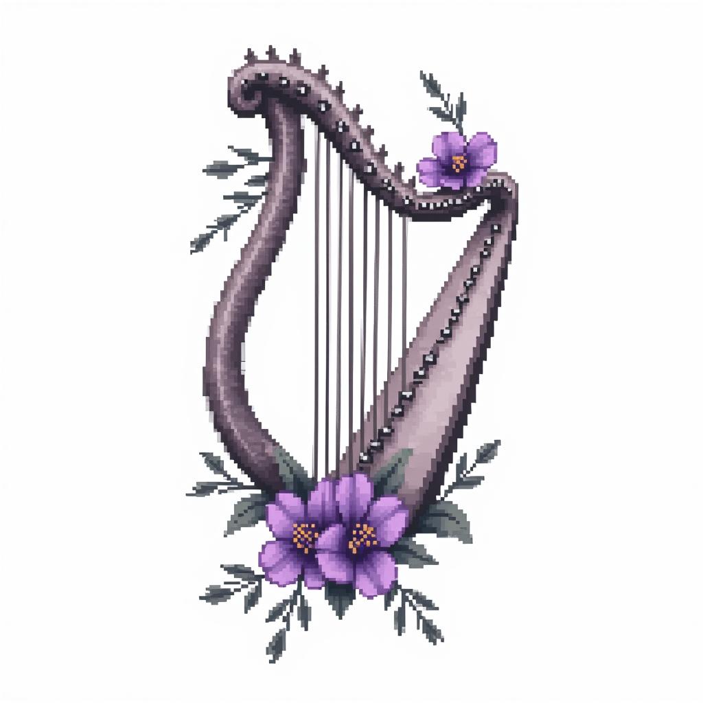 Delicate Harp with violet flowersin 8-bit tattoo style, minimalistic pixel style tattoo, pixel art with simplified shapes and retro gaming visuals, inspired by 8-bit pixel based detailing - Variation 3