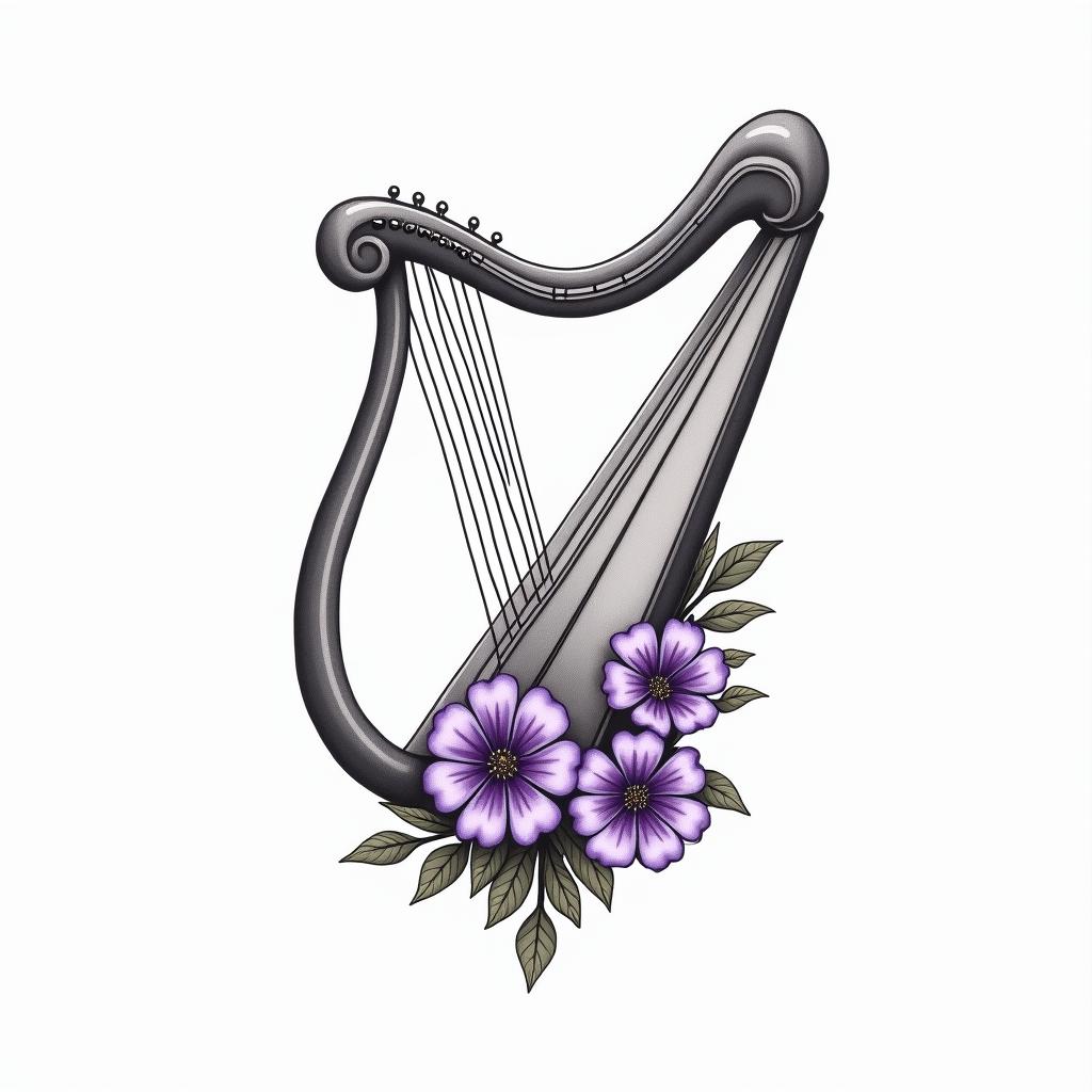 Delicate Harp with violet flowersin 8-bit tattoo style, minimalistic pixel style tattoo, pixel art with simplified shapes and retro gaming visuals, inspired by 8-bit pixel based detailing - Variation 4