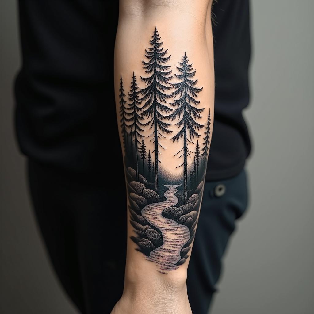 Pine tree forest with streamin authentic tattoo style, incorporating traditional modifications, bold black outlines, solid color fills, featuring classic authentic elements