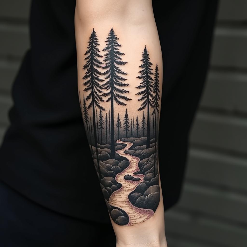 Pine tree forest with streamin authentic tattoo style, incorporating traditional modifications, bold black outlines, solid color fills, featuring classic authentic elements - Variation 2