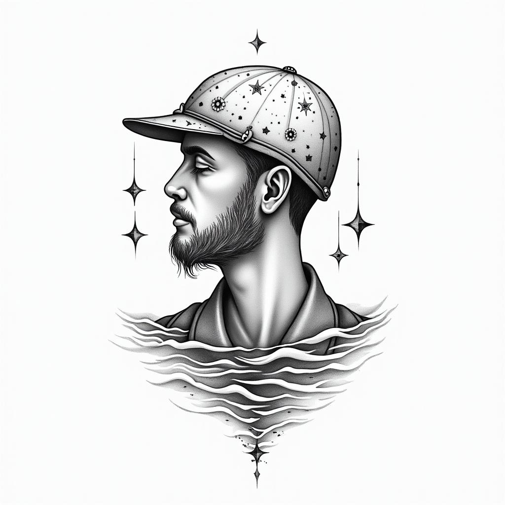 American Soldier, PTSD, Aquarius, Depression, Anxietyin Modest style tattoo, featuring soft, delicate line work with simple and meaningful symbols, gentle waves, a heart, evoking a sense of serenity and grace, - Variation 7