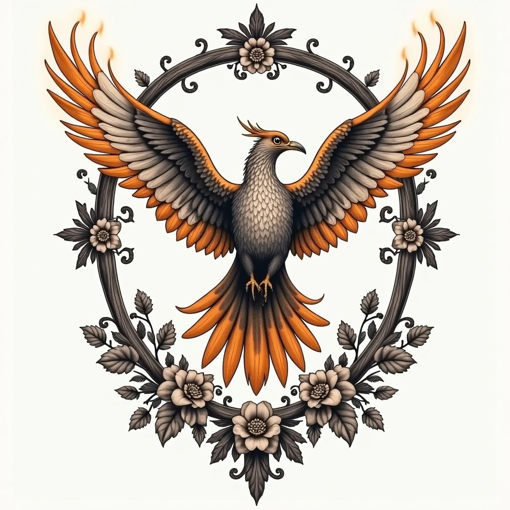 Flying phoenix with firein victorian style tattoo, featuring vintage and elegant elements, ornate frames, roses, antique, sepia-toned color scheme - Variation 4