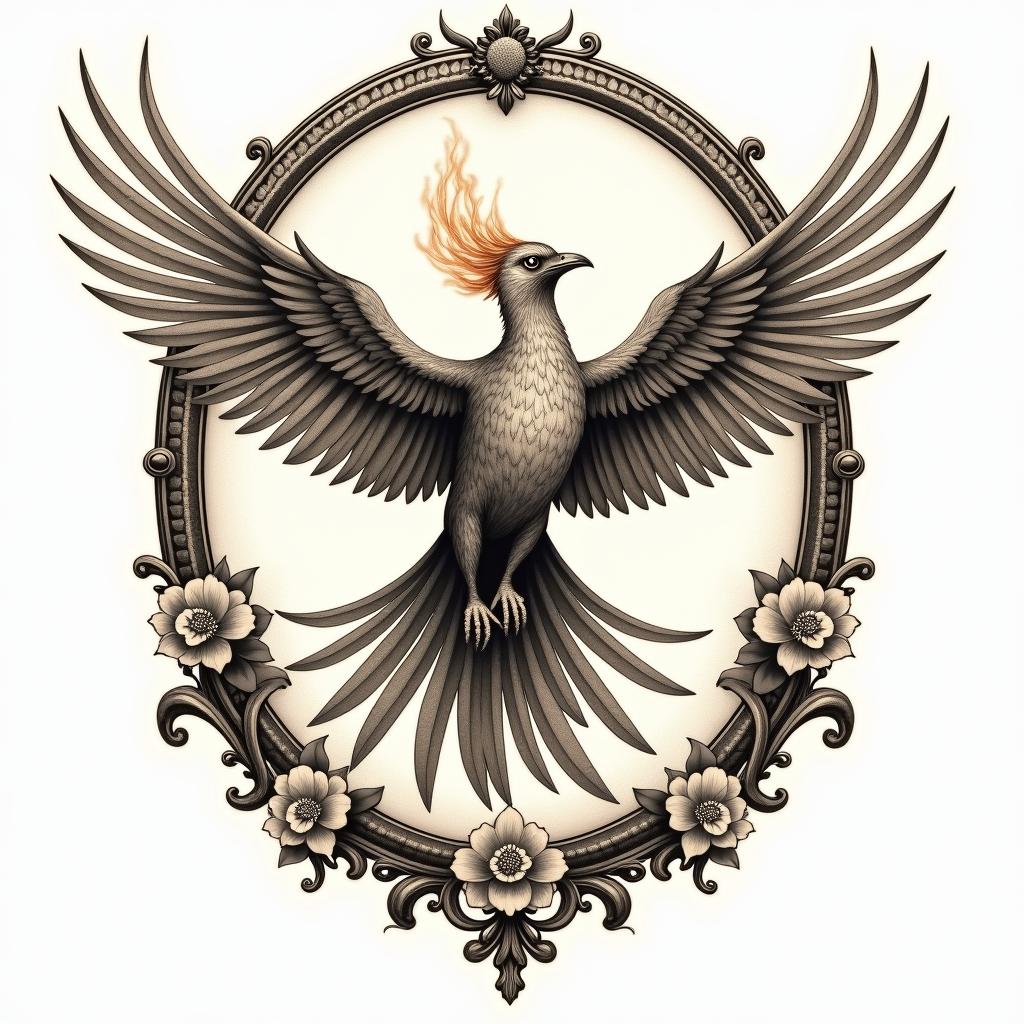 Flying phoenix with firein victorian style tattoo, featuring vintage and elegant elements, ornate frames, roses, antique, sepia-toned color scheme