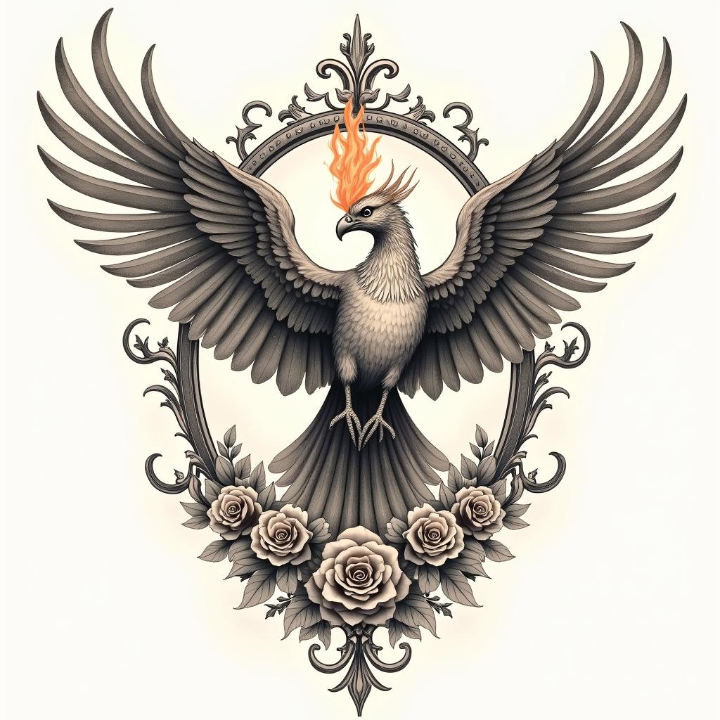 Flying phoenix with firein victorian style tattoo, featuring vintage and elegant elements, ornate frames, roses, antique, sepia-toned color scheme - Variation 3