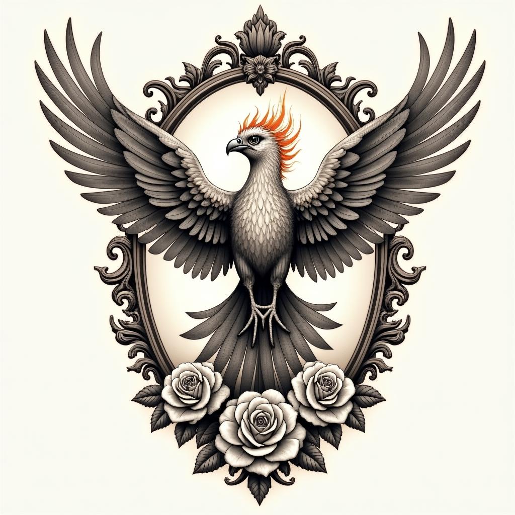 Flying phoenix with firein victorian style tattoo, featuring vintage and elegant elements, ornate frames, roses, antique, sepia-toned color scheme - Variation 2