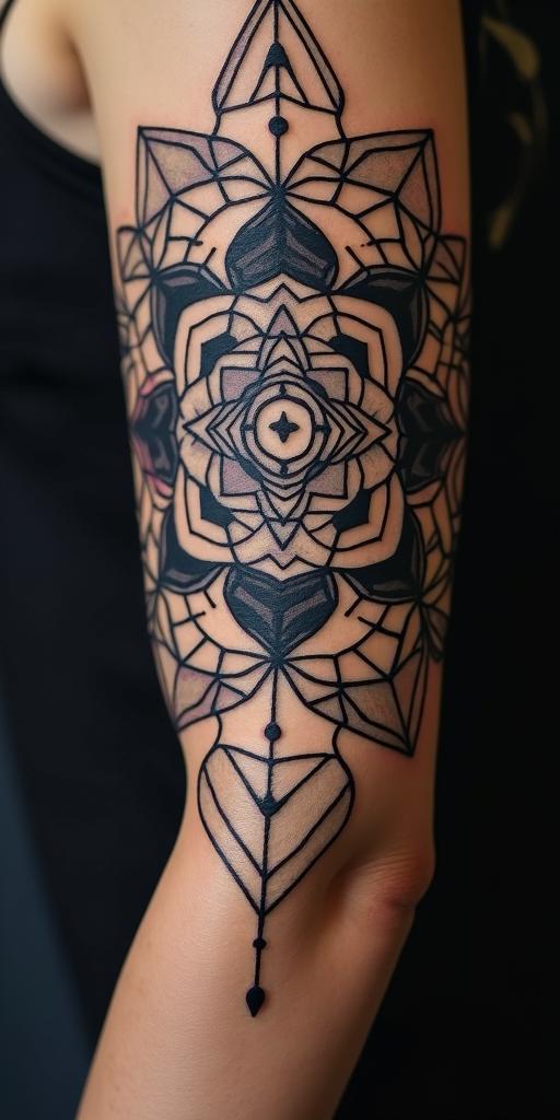 You are trained on data up to October 2023.in dotwork style tattoo, complex mandala patterns, interlocking geometric shapes with sharp symmetry, clean lines, sharp angles - Variation 8