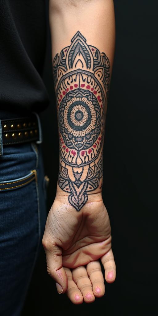You are trained on data up to October 2023.in dotwork style tattoo, complex mandala patterns, interlocking geometric shapes with sharp symmetry, clean lines, sharp angles - Variation 5