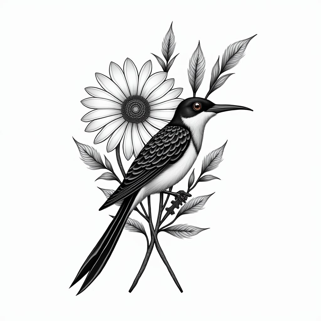 Scissor tailed flycatcher surrounded by Indian blanket flowersin new school tattoo, pop culture, modern, detailed tattoo, illustrative - Variation 3