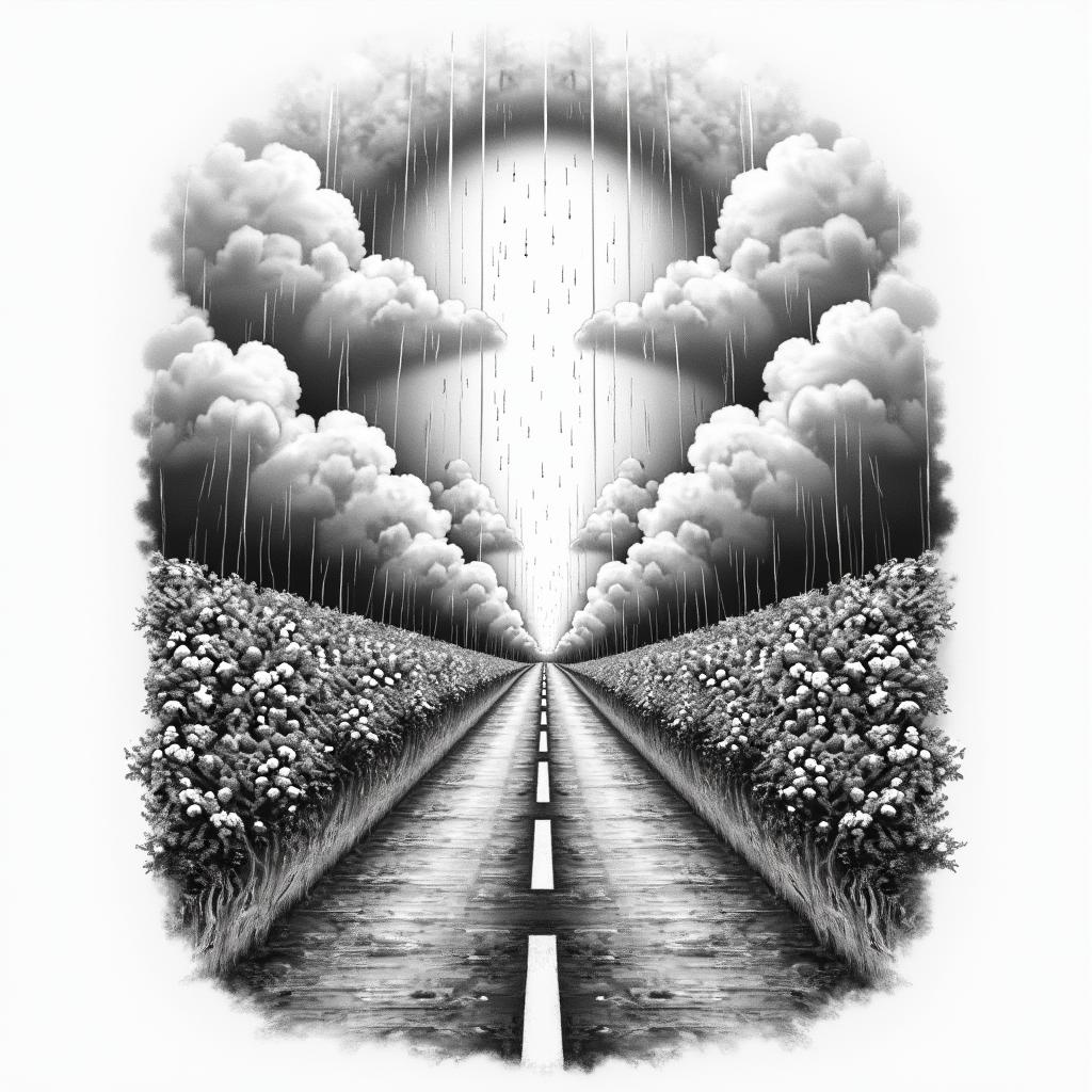 Collage A road with clouds halfway and a rain bow bright at the end. On the stormy side garbage along with drugs alcohol trash tears lottery tickets and at the end a car collision family brought back together pot of gold or moneyin bohemian style tattoo, 8k - Variation 1