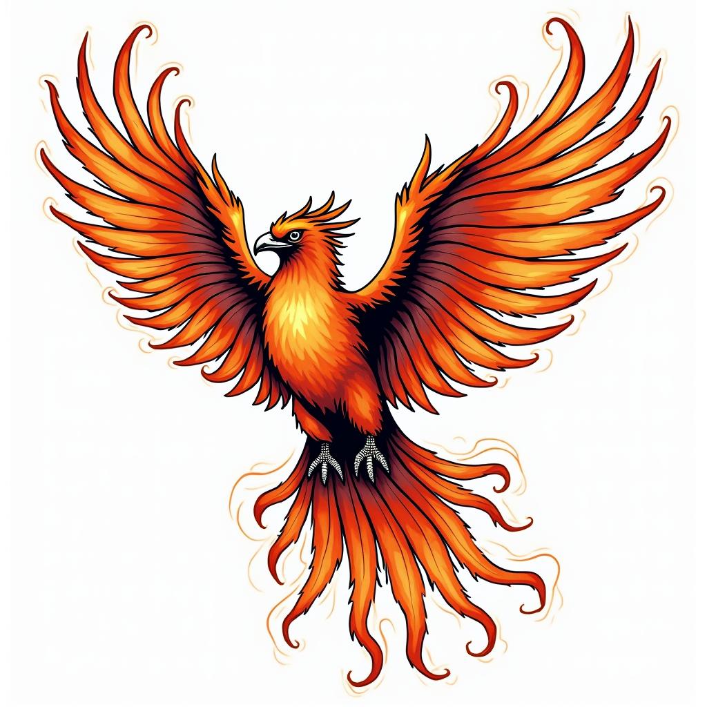 Flying phoenix with firein pop art style tattoo, featuring bold and vibrant colors, exaggerated outlines, iconic imagery, inspired by comic books and speech bubbles, comic book characters, retro pop culture - Variation 3
