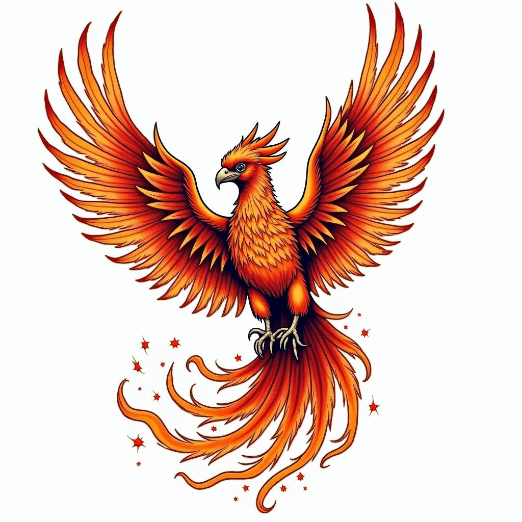 Flying phoenix with firein pop art style tattoo, featuring bold and vibrant colors, exaggerated outlines, iconic imagery, inspired by comic books and speech bubbles, comic book characters, retro pop culture - Variation 2