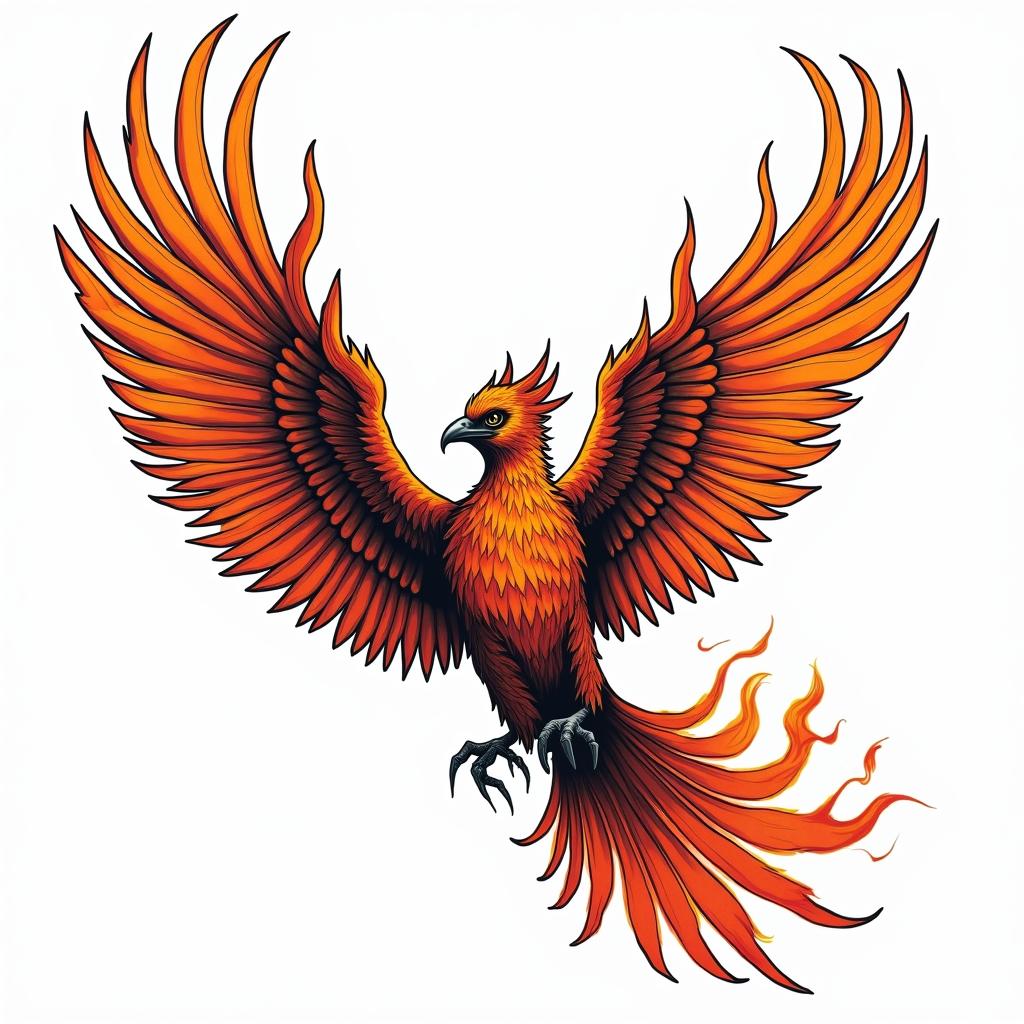 Flying phoenix with firein pop art style tattoo, featuring bold and vibrant colors, exaggerated outlines, iconic imagery, inspired by comic books and speech bubbles, comic book characters, retro pop culture - Variation 4