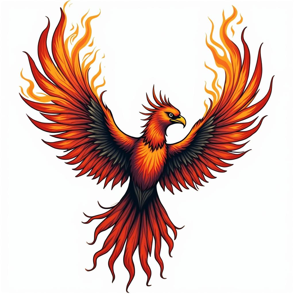 Flying phoenix with firein pop art style tattoo, featuring bold and vibrant colors, exaggerated outlines, iconic imagery, inspired by comic books and speech bubbles, comic book characters, retro pop culture