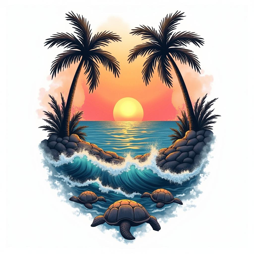 A tattoo design that symbolizes healing and freedom featuring palm trees, turtles, and dolphins. Include vibrant waves and a colorful sunset in the background, portraying a sense of happiness and liberation, capturing the essence of the client's journey of recovering from trauma and heartbreak while embracing the joy of travel.higly detailed tattoo - Variation 3