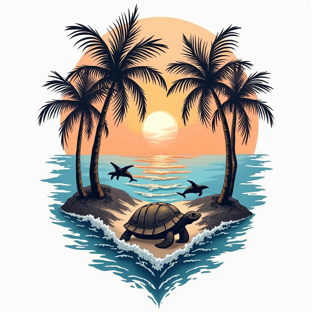 A tattoo design that symbolizes healing and freedom featuring palm trees, turtles, and dolphins. Include vibrant waves and a colorful sunset in the background, portraying a sense of happiness and liberation, capturing the essence of the client's journey of recovering from trauma and heartbreak while embracing the joy of travel.higly detailed tattoo - Variation 2