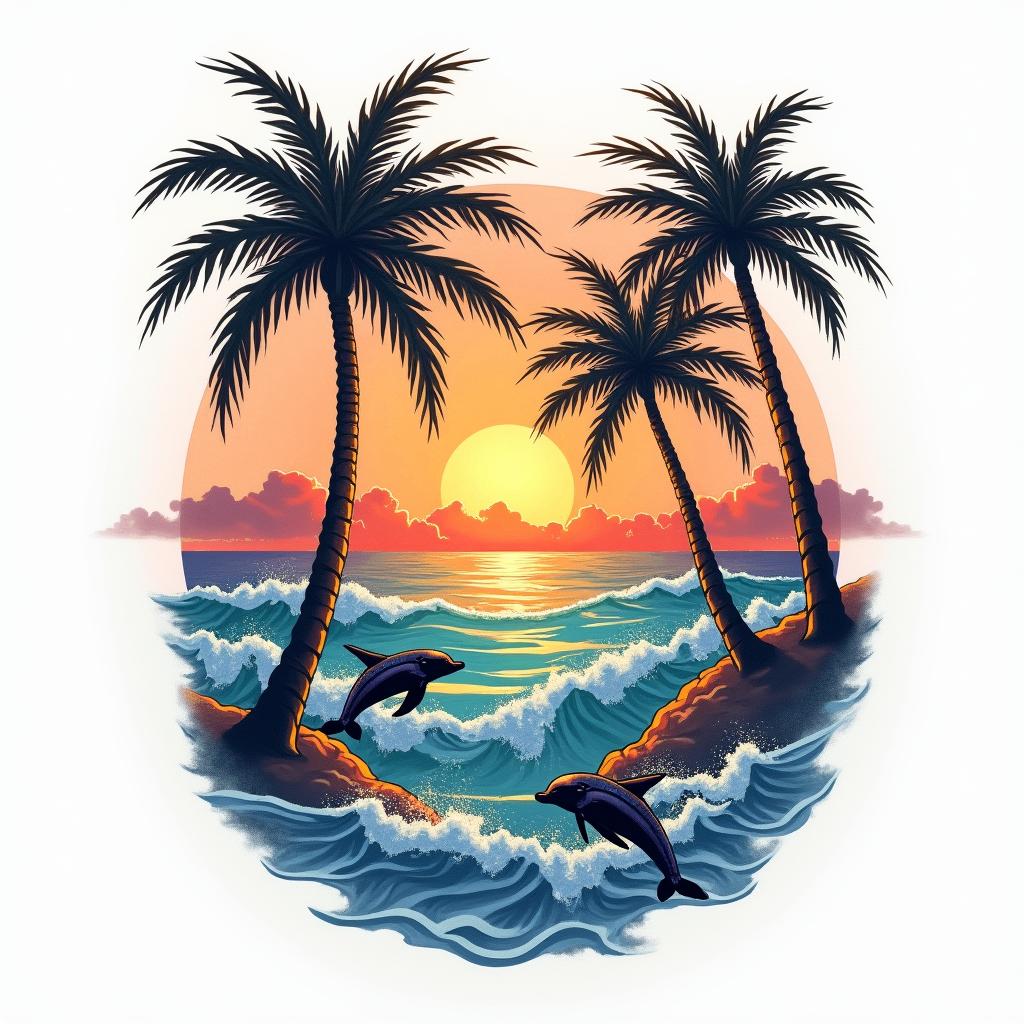 A tattoo design that symbolizes healing and freedom featuring palm trees, turtles, and dolphins. Include vibrant waves and a colorful sunset in the background, portraying a sense of happiness and liberation, capturing the essence of the client's journey of recovering from trauma and heartbreak while embracing the joy of travel.higly detailed tattoo