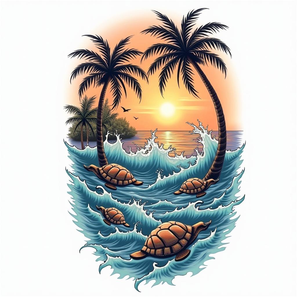 A tattoo design that symbolizes healing and freedom featuring palm trees, turtles, and dolphins. Include vibrant waves and a colorful sunset in the background, portraying a sense of happiness and liberation, capturing the essence of the client's journey of recovering from trauma and heartbreak while embracing the joy of travel.higly detailed tattoo - Variation 4