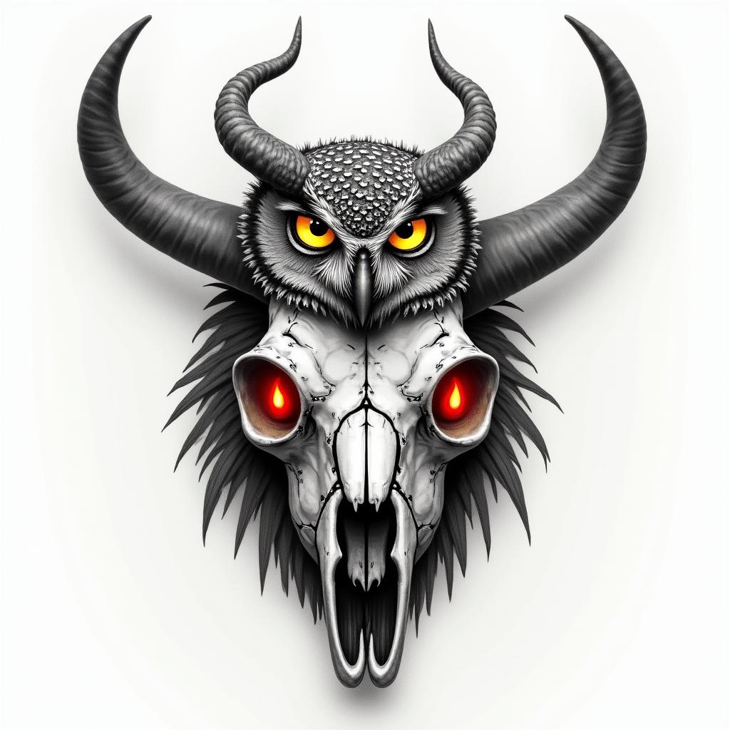 A horned owl perched onto a Brahma
bull skull with red candles burning in the skills eye sockets with the owl having glowing yellow eyes with steam coming off of themin portrait tattoo style, featuring a highly realistic and detailed depiction - Variation 4