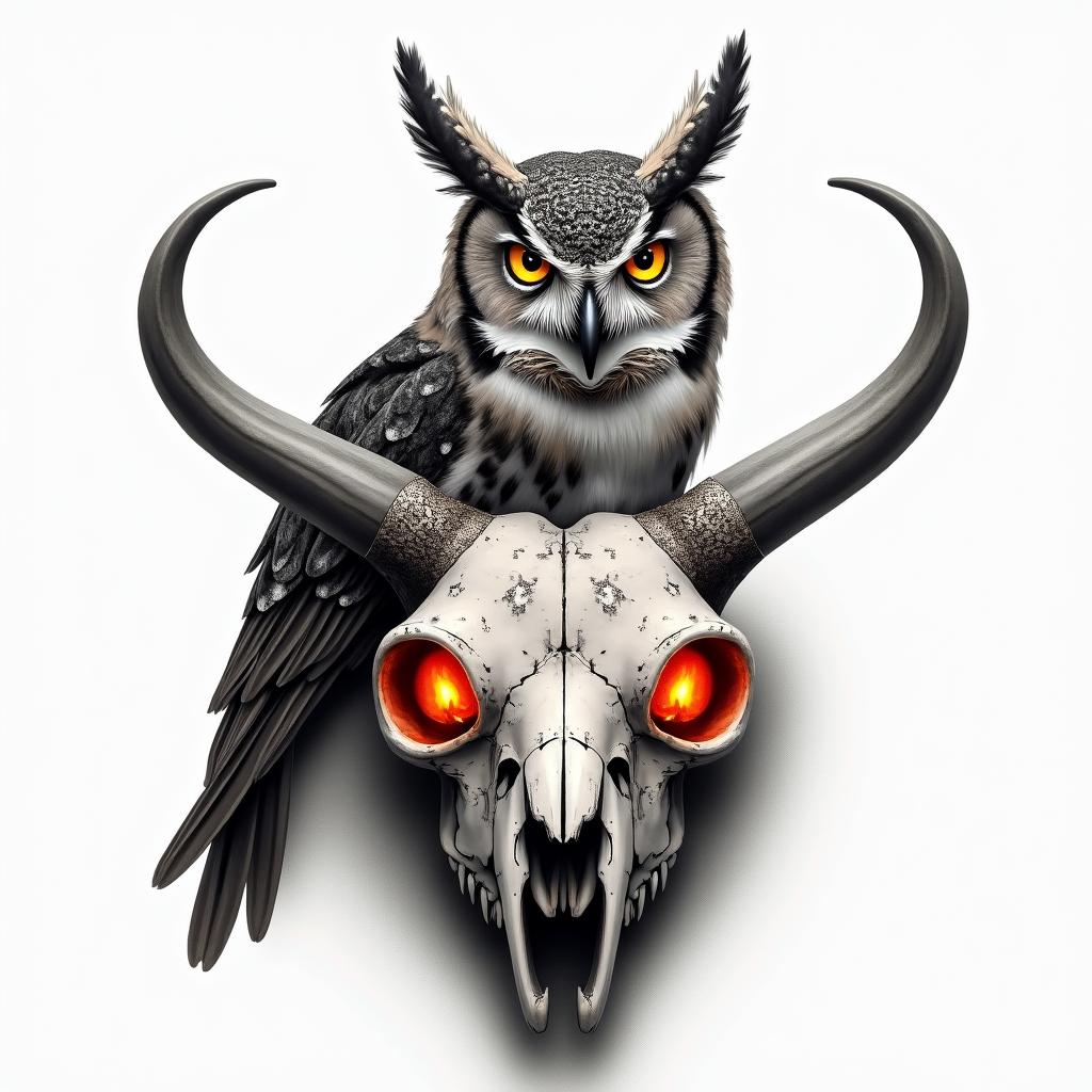 A horned owl perched onto a Brahma 
bull skull with red candles burning in the skills eye sockets with the owl having glowing yellow eyes with steam coming off of themin portrait tattoo style, featuring a highly realistic and detailed depiction 