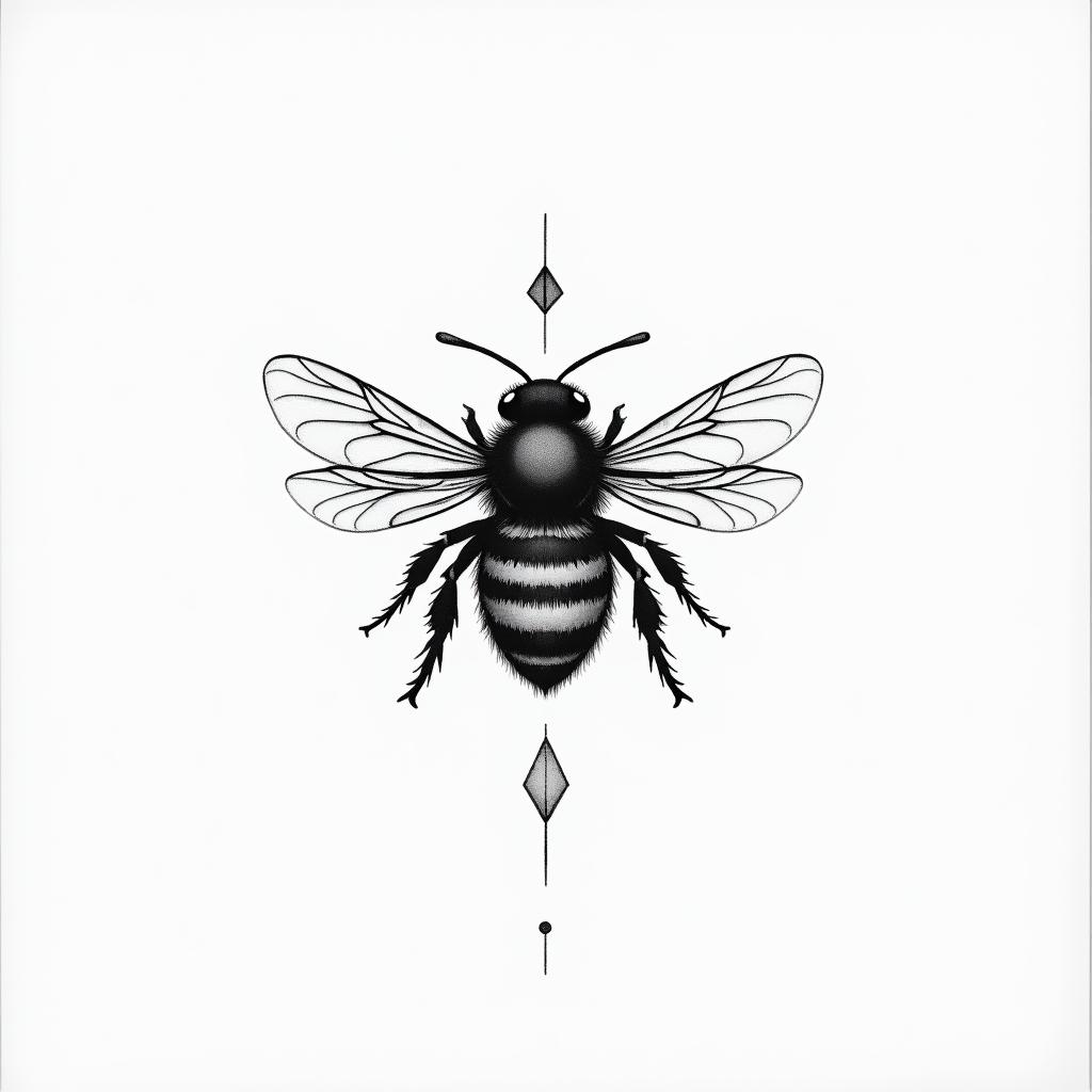 Small bumblebeein minimalist style tattoo, featuring simple shapes and fine lines, with minimal shading and details, tiny triangles, creating a sense of balance and harmony - Variation 4