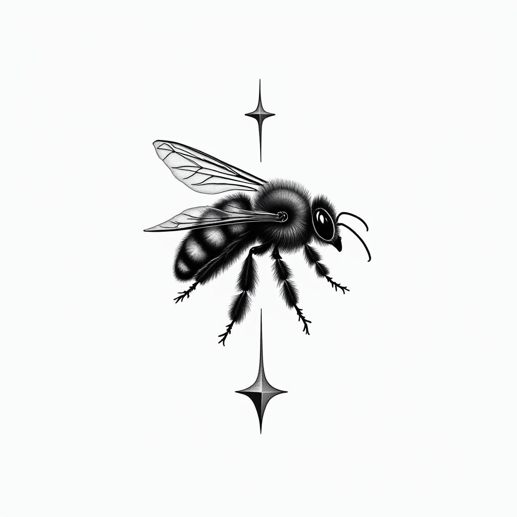 Small bumblebeein minimalist style tattoo, featuring simple shapes and fine lines, with minimal shading and details, tiny triangles, creating a sense of balance and harmony - Variation 2