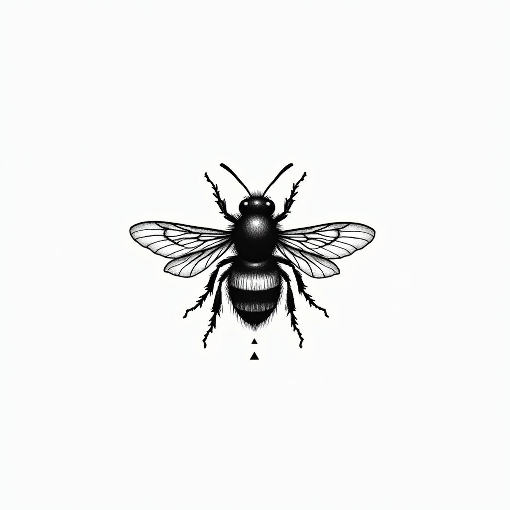 Small bumblebeein minimalist style tattoo, featuring simple shapes and fine lines, with minimal shading and details, tiny triangles, creating a sense of balance and harmony