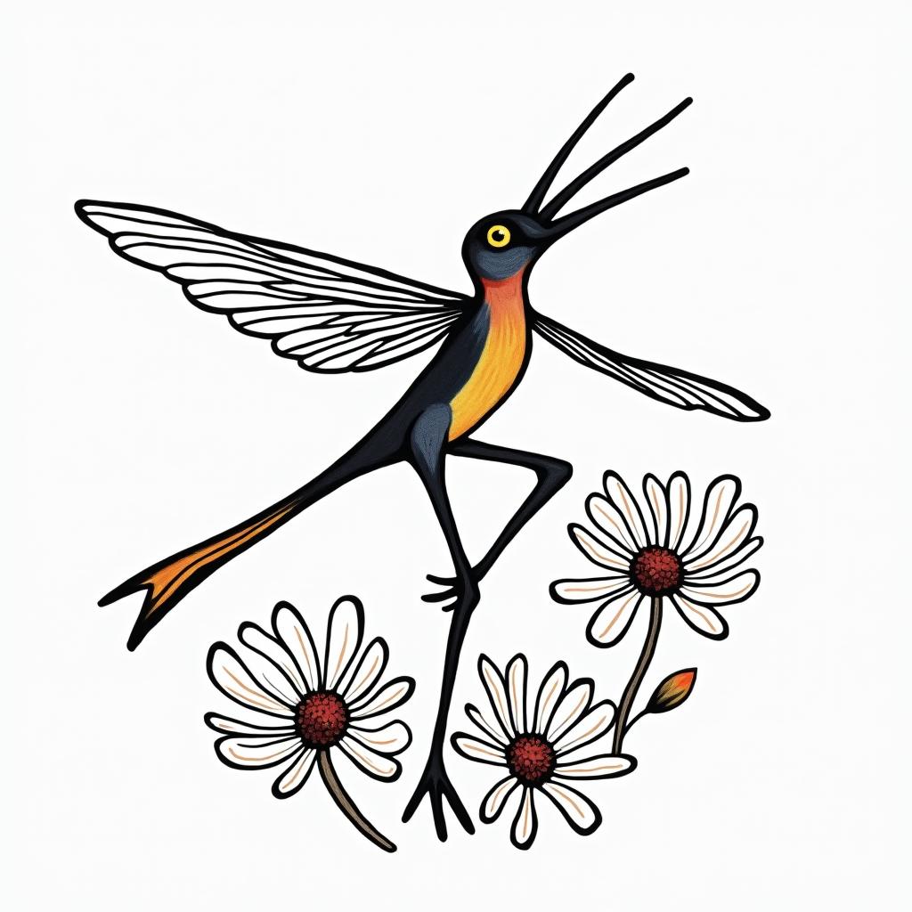 Scissor tailed fly catcher surrounded by Indian blanket flowersabstract dancing figures in Keith Haring style, featuring bold black outlines and solid color fills, figures posed in dynamic and playful dance movements, minimalist design - Variation 3