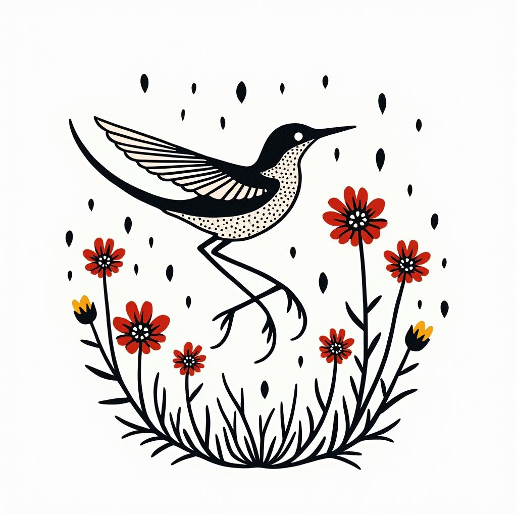 Scissor tailed fly catcher surrounded by Indian blanket flowersabstract dancing figures in Keith Haring style, featuring bold black outlines and solid color fills, figures posed in dynamic and playful dance movements, minimalist design - Variation 2